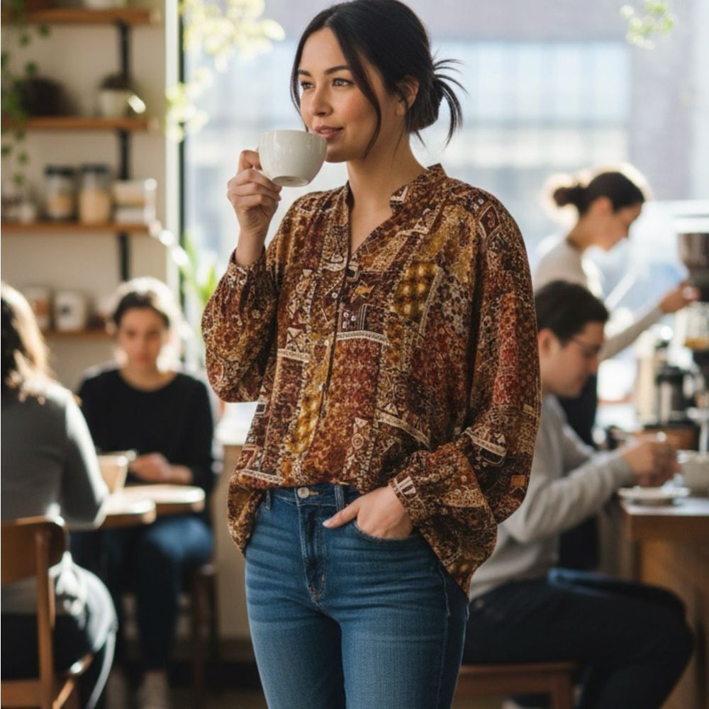 Jane + Delancey Aztec Print Oversized Tunic Top Button Up Boho Women’s